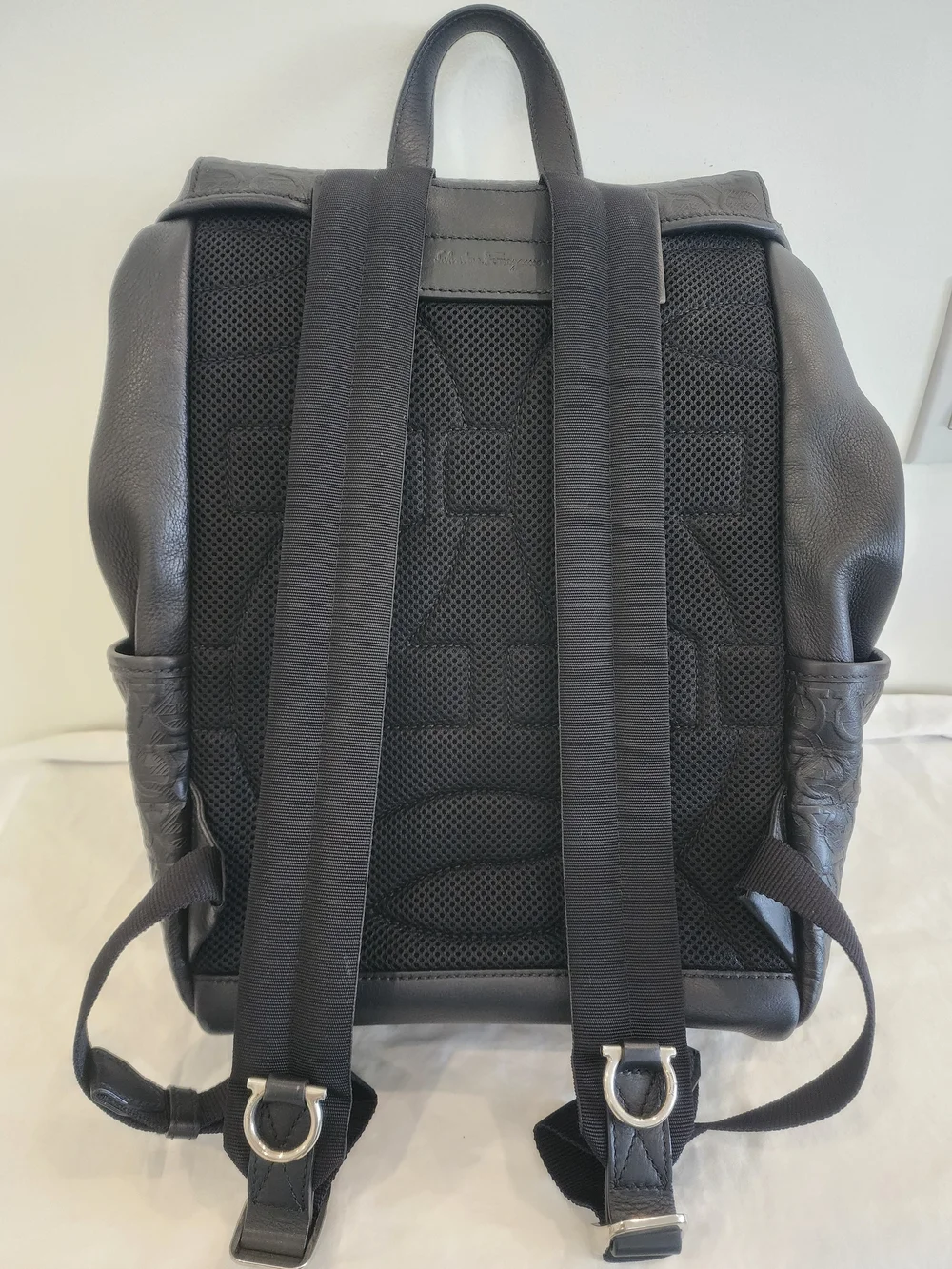 Salvatore Ferragamo Black Embossed Leather Backpack with Dual Front Zips